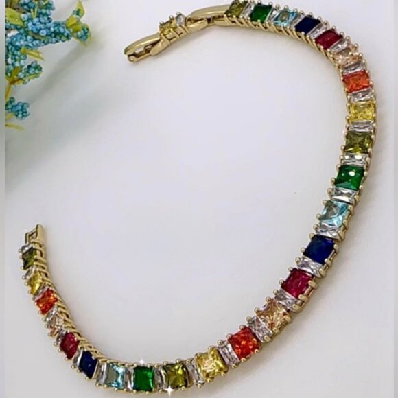 Rainbow Tennis Bracelet Gold Plated Chain Luxury Jewelry - Picture 1 of 13